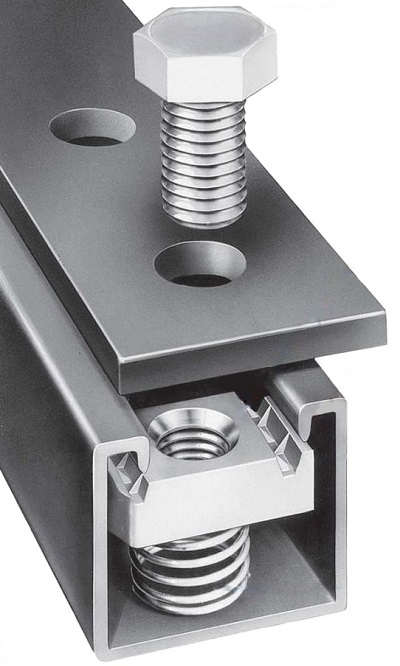 An example of how the Unistrut channel system works with spring nuts, brackets and bolts